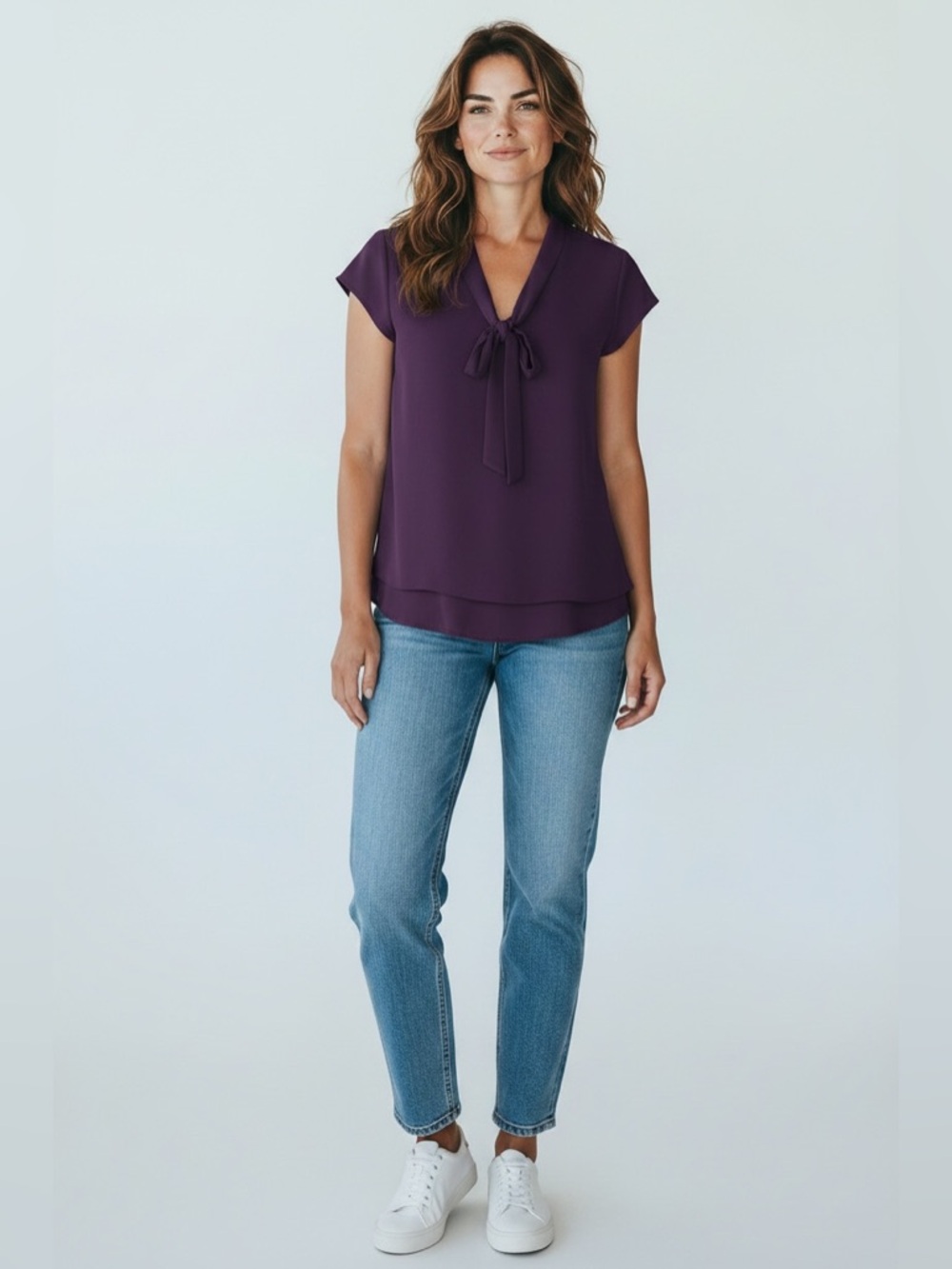 Skies Are Blue Short Sleeve Tie Detail Blouse // Purple // Small